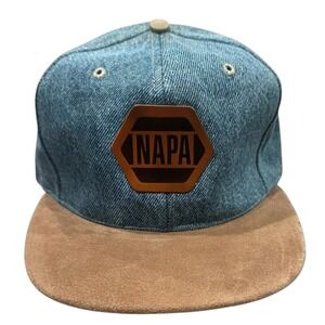Vintage NAPA Hat Denim Suede Snapback Cap Blue Tan Louisville Mfg Made in USA